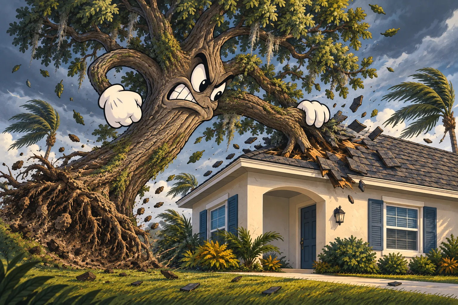 Cartoon illustration of falling tree & branch damage to a Florida roof