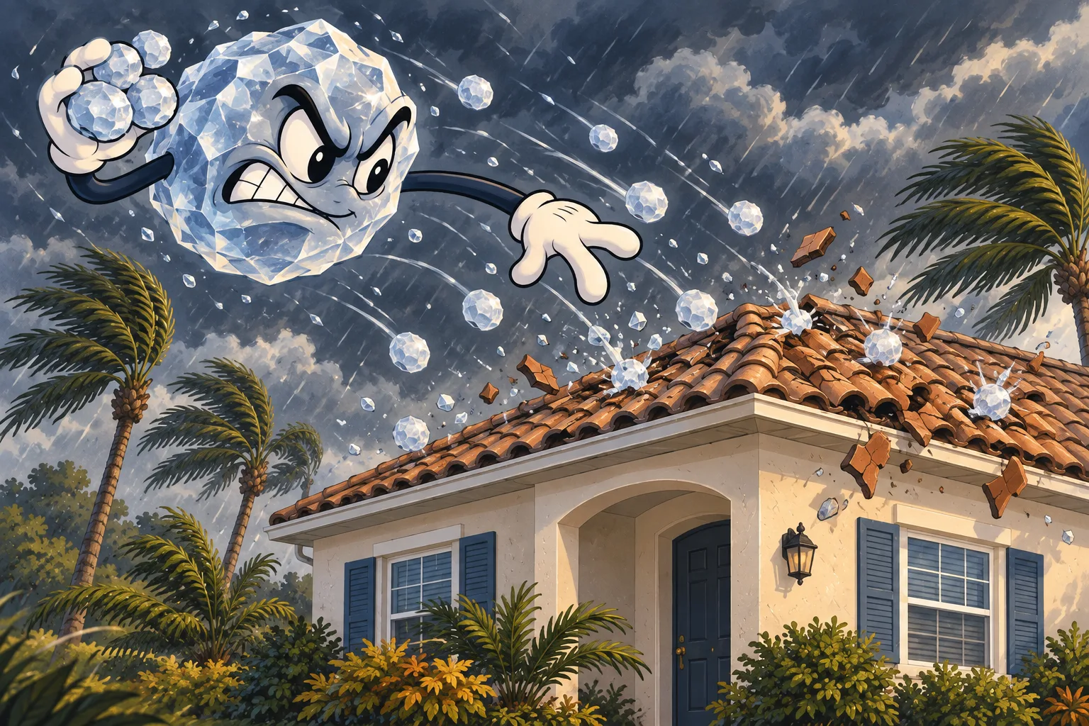 Cartoon illustration of hail damage to a Florida roof