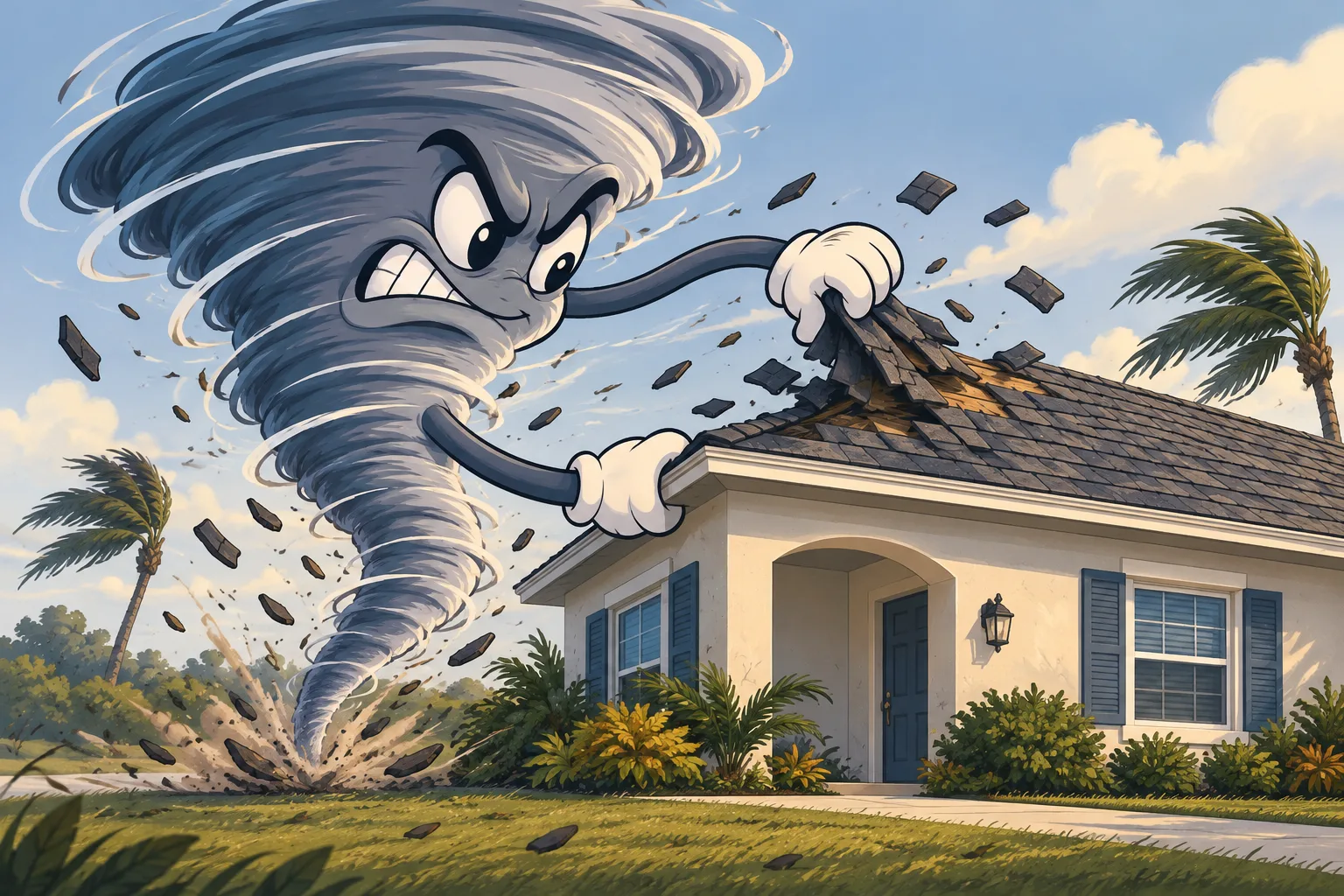 Cartoon illustration of tornado damage to a Florida roof